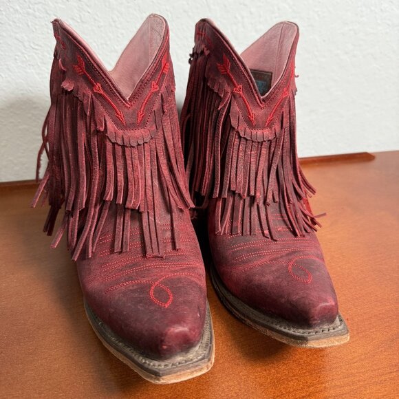 Junk Gypsy Lane Red Spitfire Fringe Booties Size 9 Leather Snip Toe Western Box - Picture 2 of 10